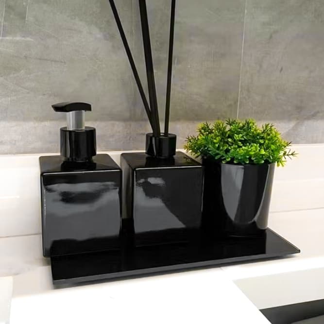 Kit Lavabo Moderno c/ 4 Peças Preto Brilhante Difusor e Saboneteira Banheiro Sala Escritório