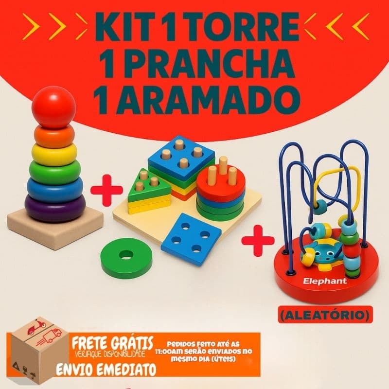 Kit Brinquedo Educativo Mini Aramado Labirinto Torre Colorida Prancha Seleção Pedagogica Montessori