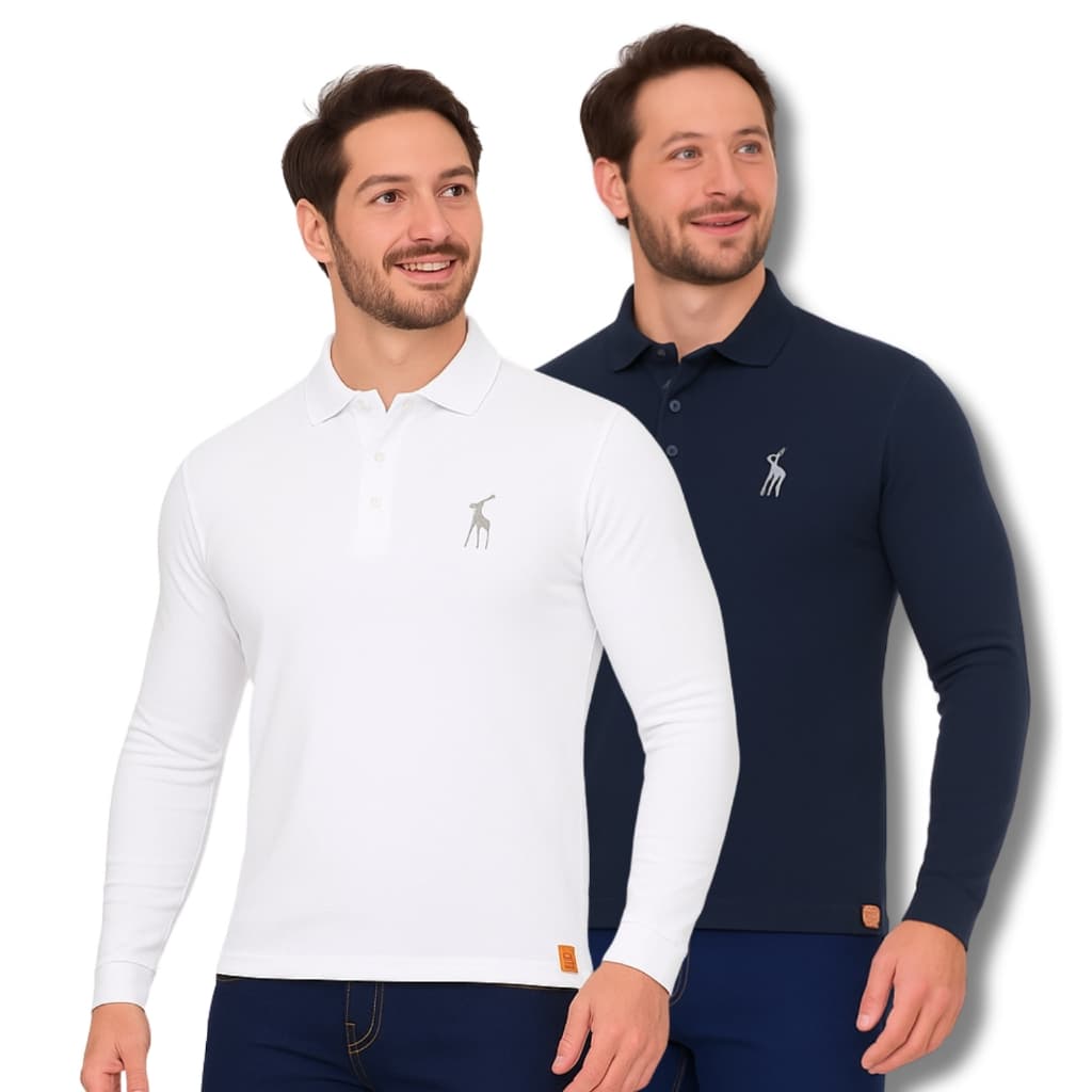 Kit 2 Camisas gola Polo manga longa algodão piquet lisa