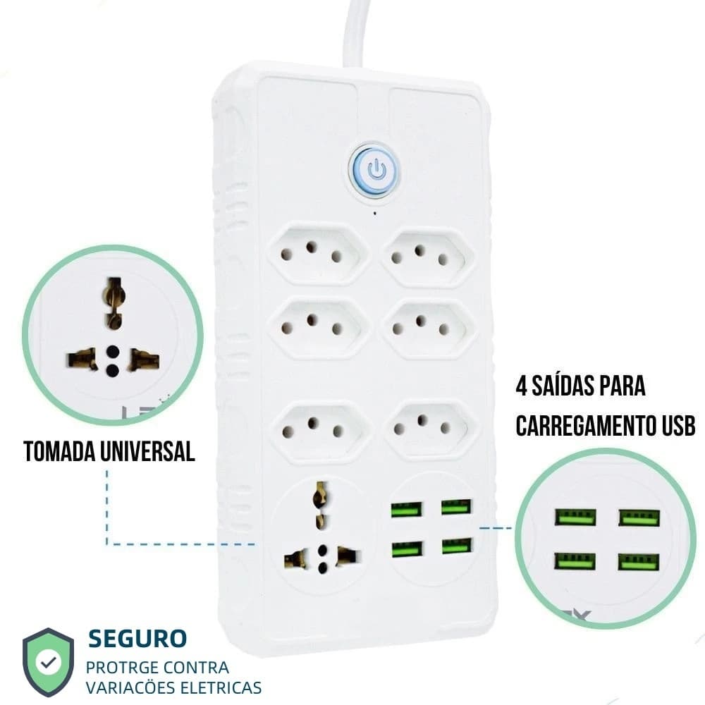 Régua Filtro de Linha com 6 Tomadas Extensão Elétrica 1 Universal 4 USB Bivolt 10A 110v/220v Cabo de 3 Metros