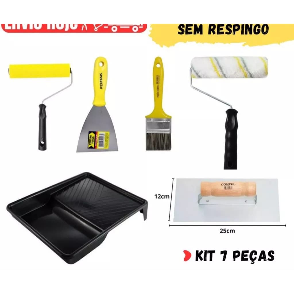 Kit Pintura Parede 7 Pç Profissional.Rolo de Pintura Anti Respingo.Desempenadeira para massa corrida