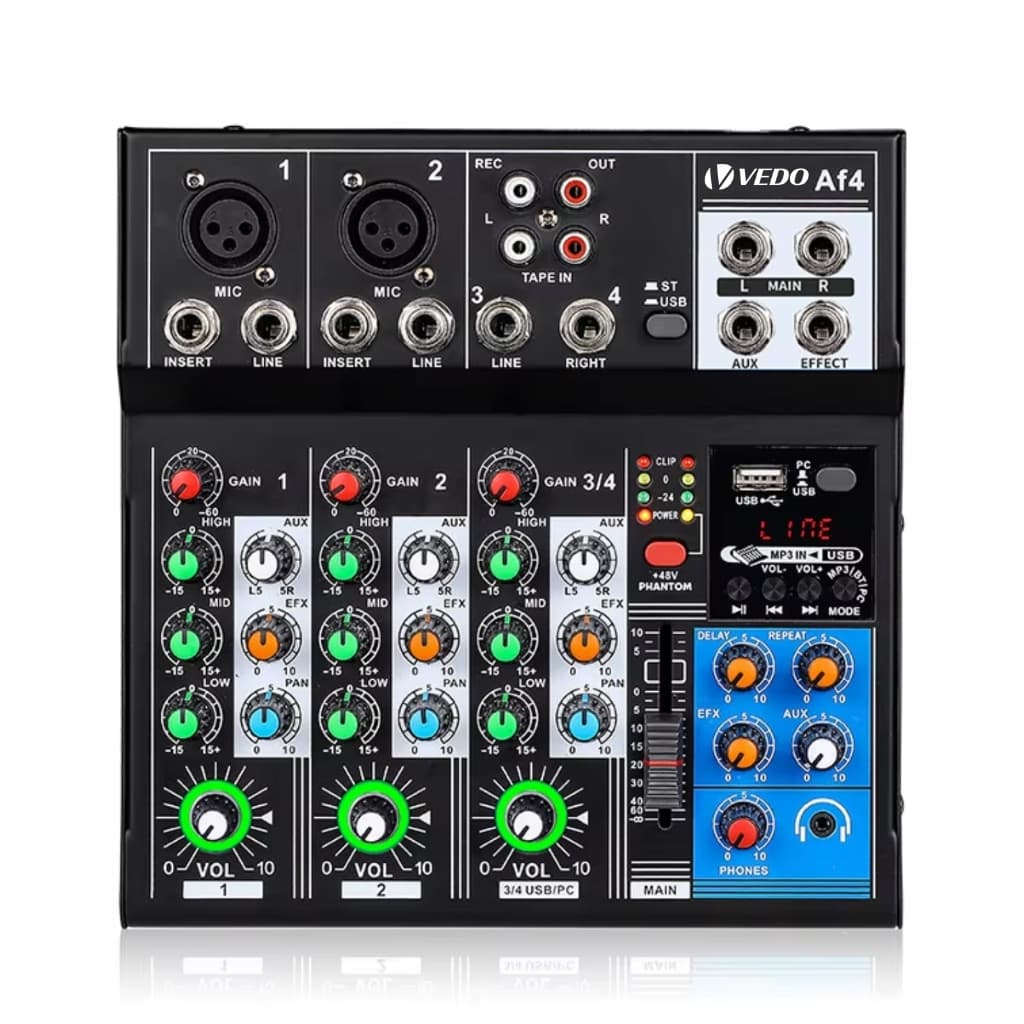 VEDO Af4 Mesa De Som 4 Canais Type C Bluetooth Misturador Mixer De Palco Profissional Com Placa De Som Digital Bivolt