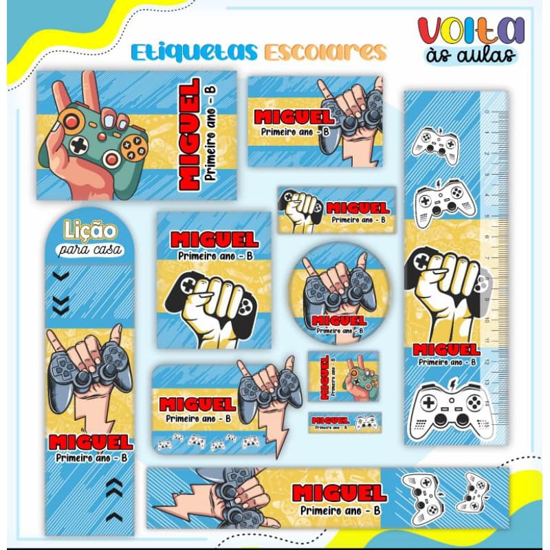 Etiqueta escolar GAMER / JOGOS - Etiqueta de identificação para matérial escolar Com nome