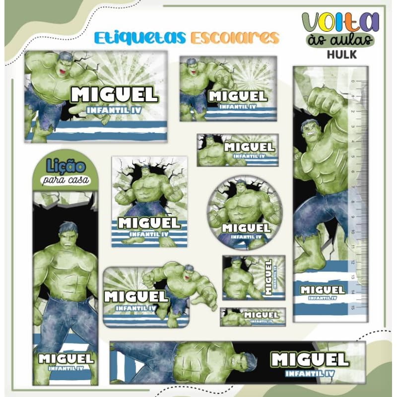 Etiqueta escolar HULK - Etiqueta de identificação para matérial escolar Com nome