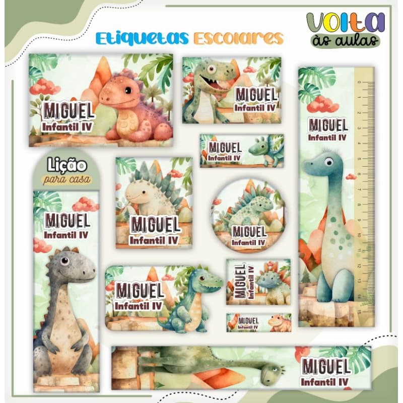 Etiqueta escolar DINOSSAURO / DINO / Etiqueta de identificação para matérial escolar Com nome