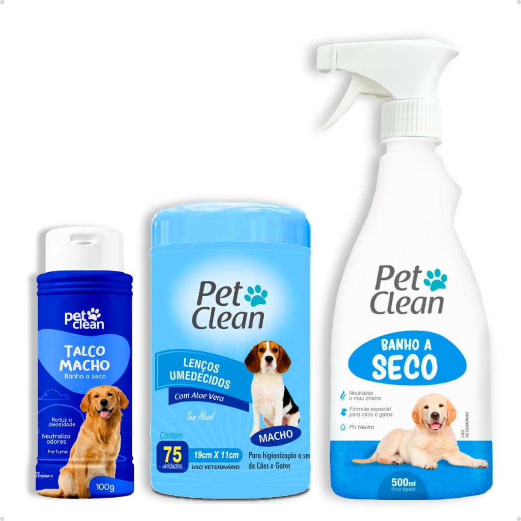 Kit Banho a Seco Sem Enxágue 500 ml + Talco Pet Shop 100 g + Lenço Umedecido 75 unidades - Pet Clean