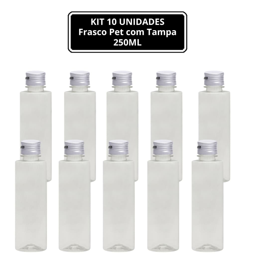 10 UNIDADES - FRASCO PET TRANSPARENTE (250ml) RETO ALTO com TAMPA ALUMINIO PRATA -