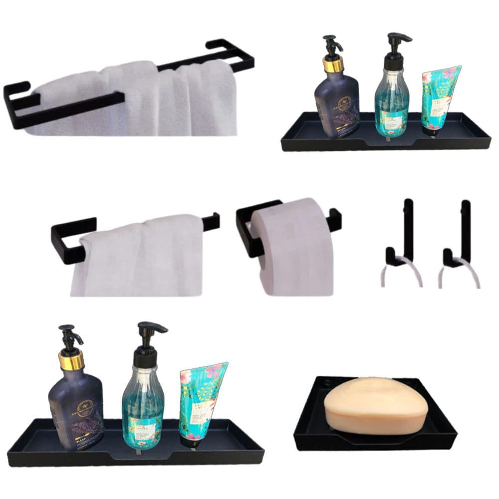 Kit Banheiro Completo 8 Peças Suporte Duplo Porta Shampoo e Sabonete