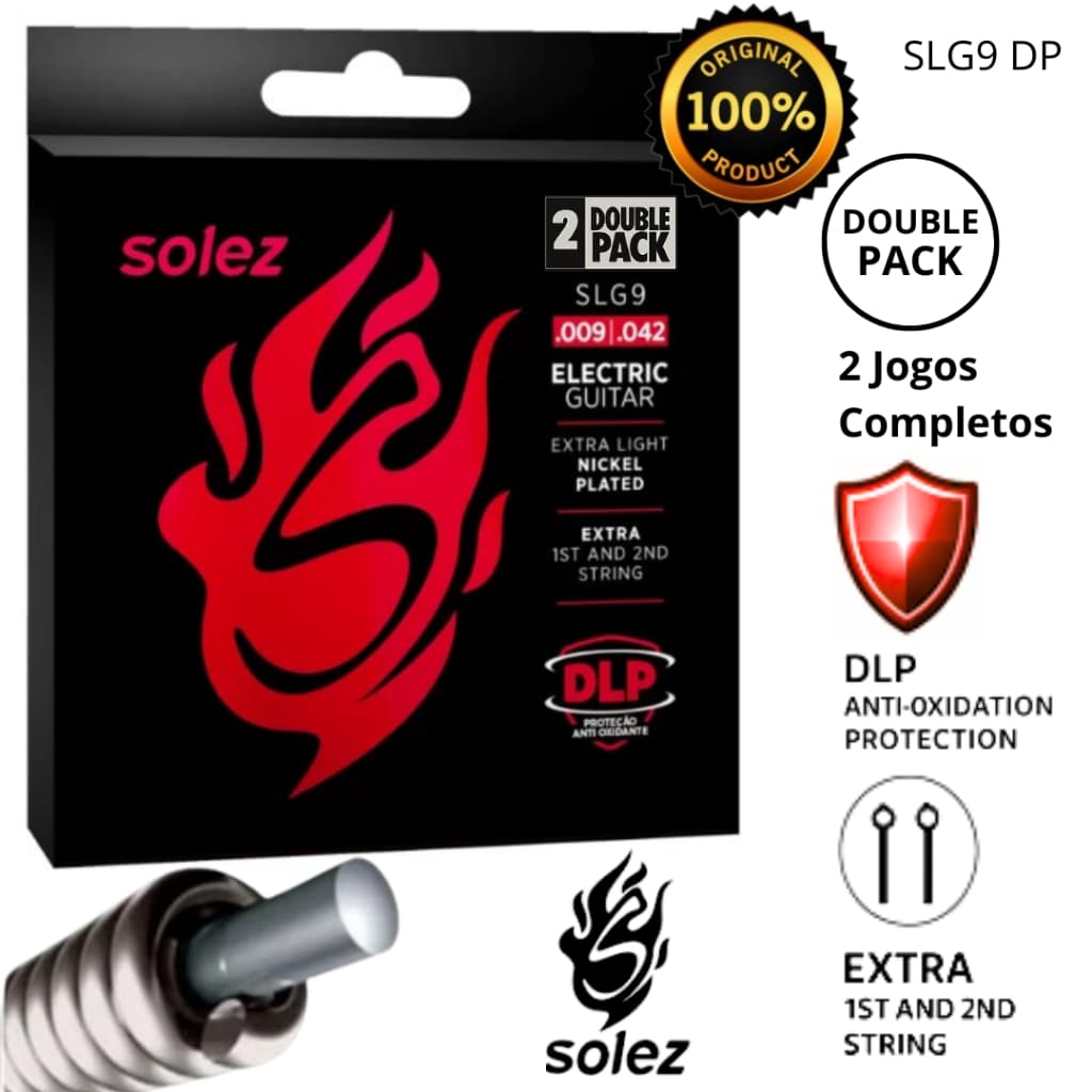 Encordoamento Solez Duplo Guitarra 009 DLP SLG9 - Double Pack ( pack com 2 jogos) + 2 cordas extras