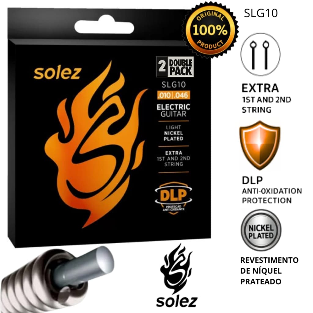 Encordoamento Solez Duplo Guitarra 010 DLP SLG10 - Double Pack ( pack com 2 jogos) + 2 cordas extras