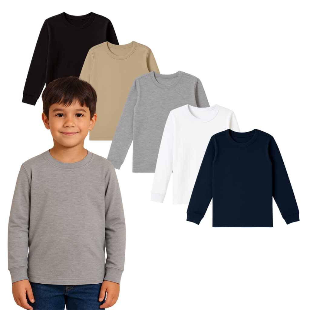 Kit 3 Blusa 100% Algodão Manga Longa Infantil Juvenil Menino Malha Lisa Basica Tamanho 1 ao 16