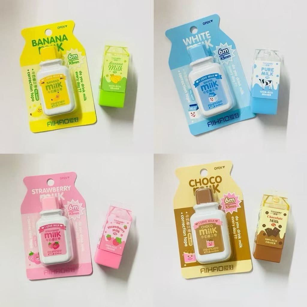 Corretivo em Fita / Borracha Escolar Estilo Caixinha de Leite de Vaca Kawaii