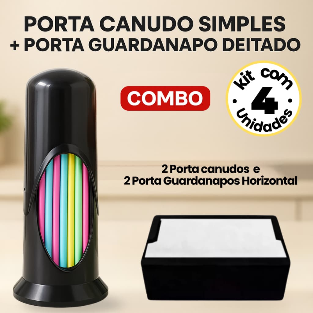Kit Com 2 Porta Guardanapos Modelo Deitado e 2 Suportes Para Canudo Simples Padaria Lanchonte
