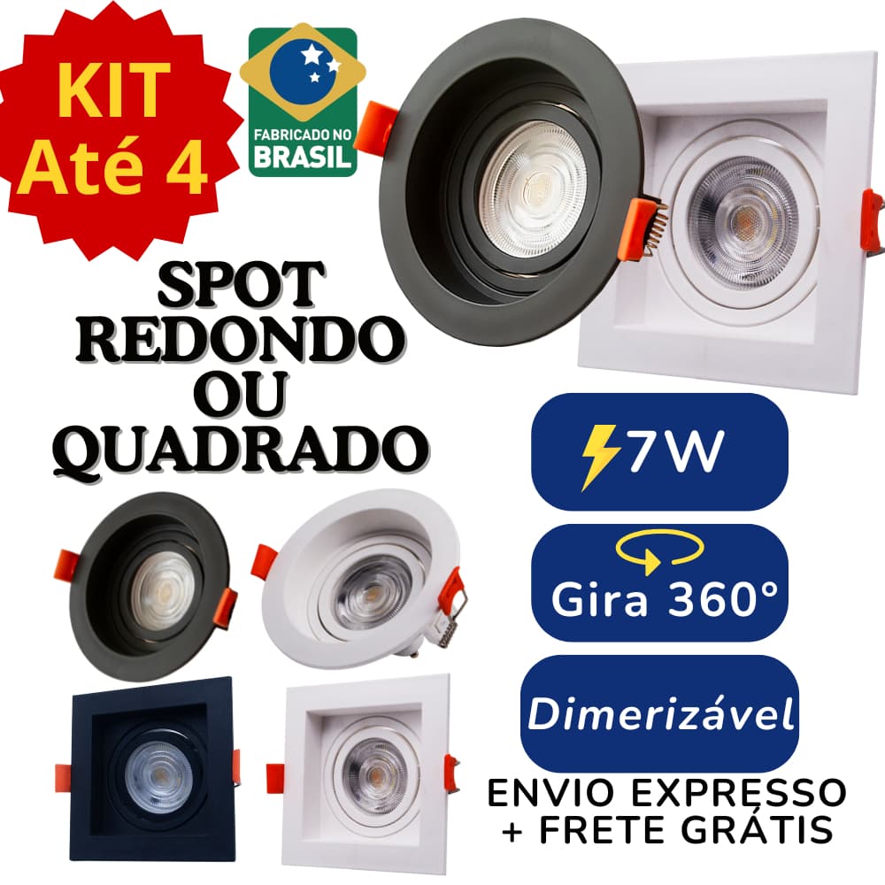 Spot LED 3 Cores em 1 Recuado Embutido 360° Quadrado ou Redondo GU10 Kit até 4 Peças