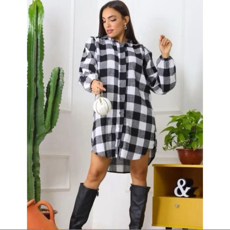 Vestido Chemise Flanelada Xadrez Estilosa Festa Junina