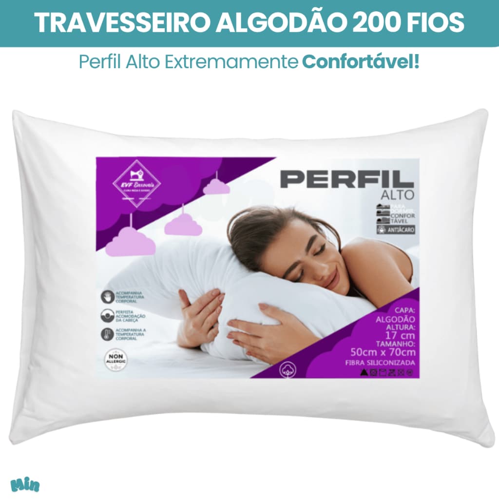 Travesseiro Perfil Alto Extra Macio 70x50 Tecido 100% Algodão 200 Fios Premium Almofada Confortavel