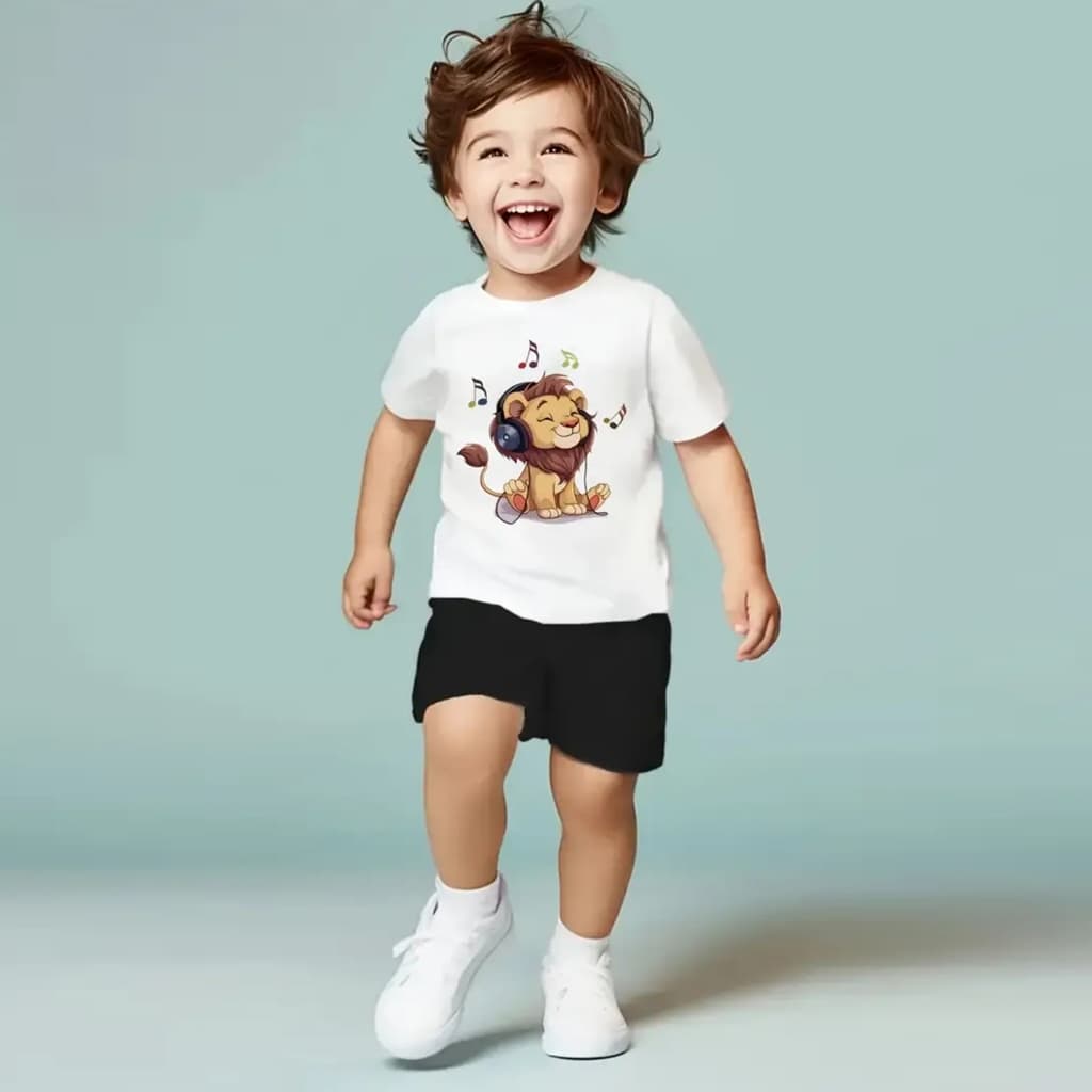 Camiseta Infantil leãozinho Menino Leão Ouvindo musica Camisa Pronta Entrega