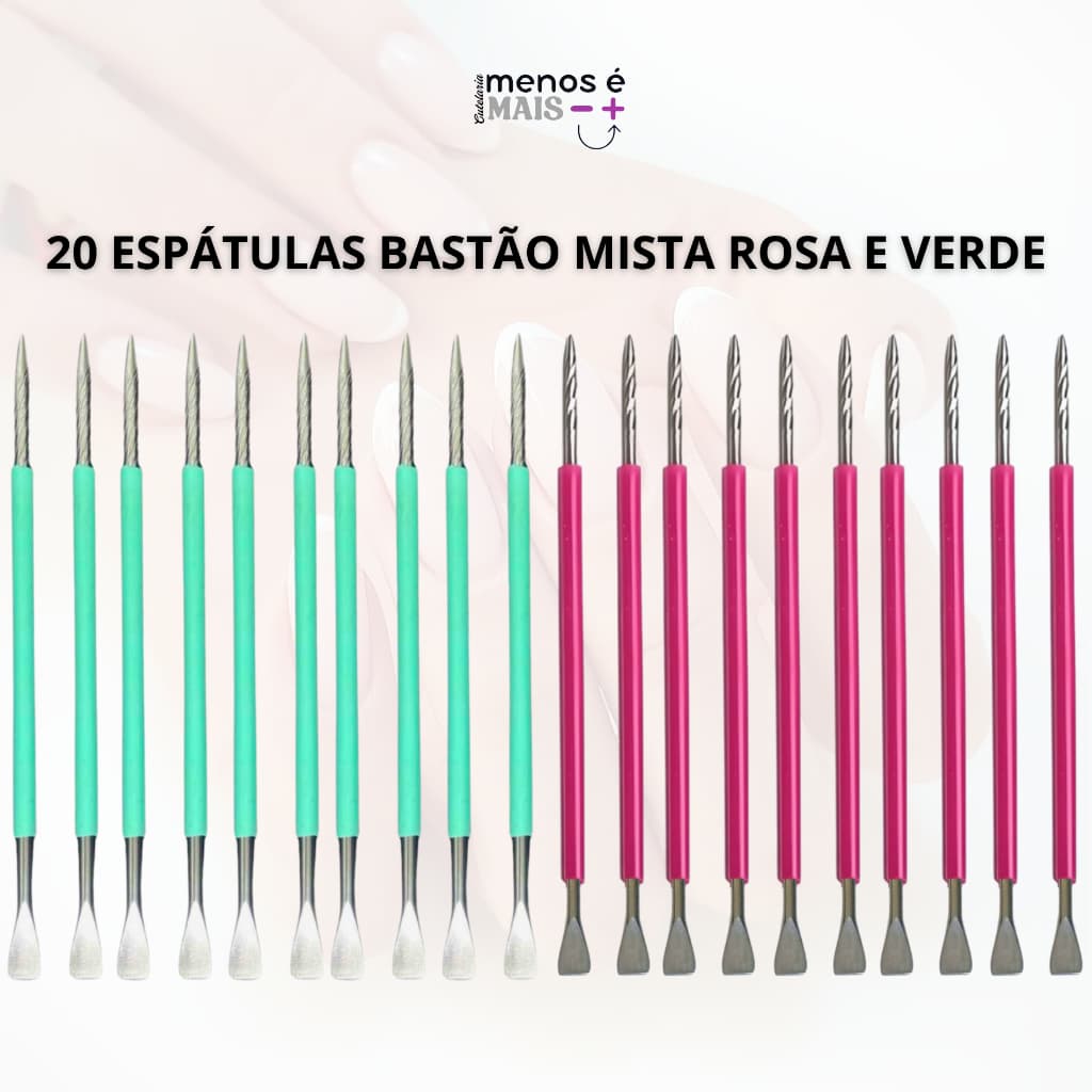 Kit 20 Palitos Duplo - Rosa e Verde com silicone cutelaria manicure - Slim