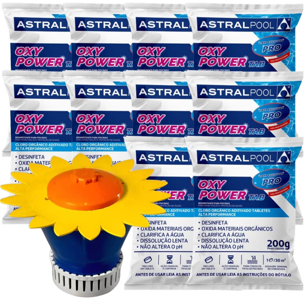 10 Tablete Pastilha Oxy Power + Dosador de Cloro Clorador de Pastilha Flutuante Para Piscina Girassol Até 600g