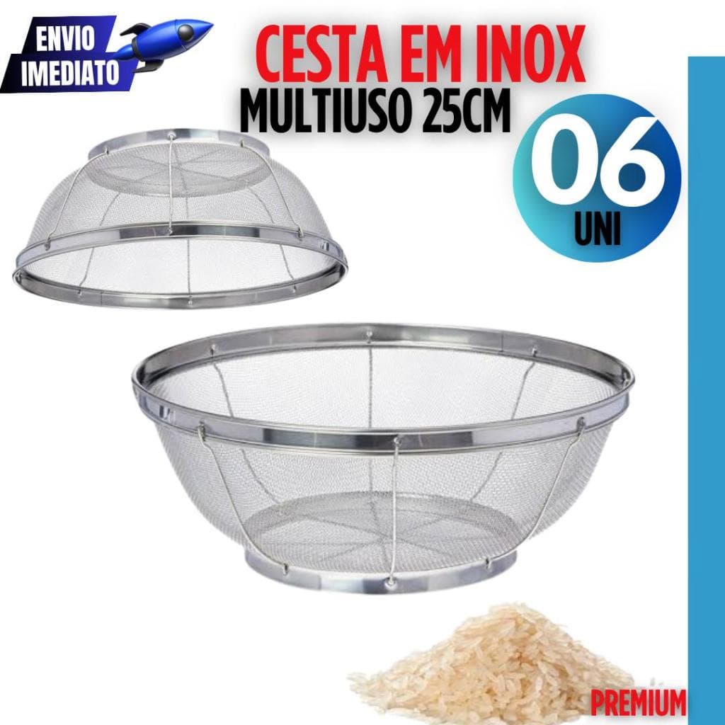 Kit Cesto Cesta De Inox Escorredor 25CM Para Lavar E Cozinhar Alimentos A Vapor Arroz Legumes Frutas Massas Resistente