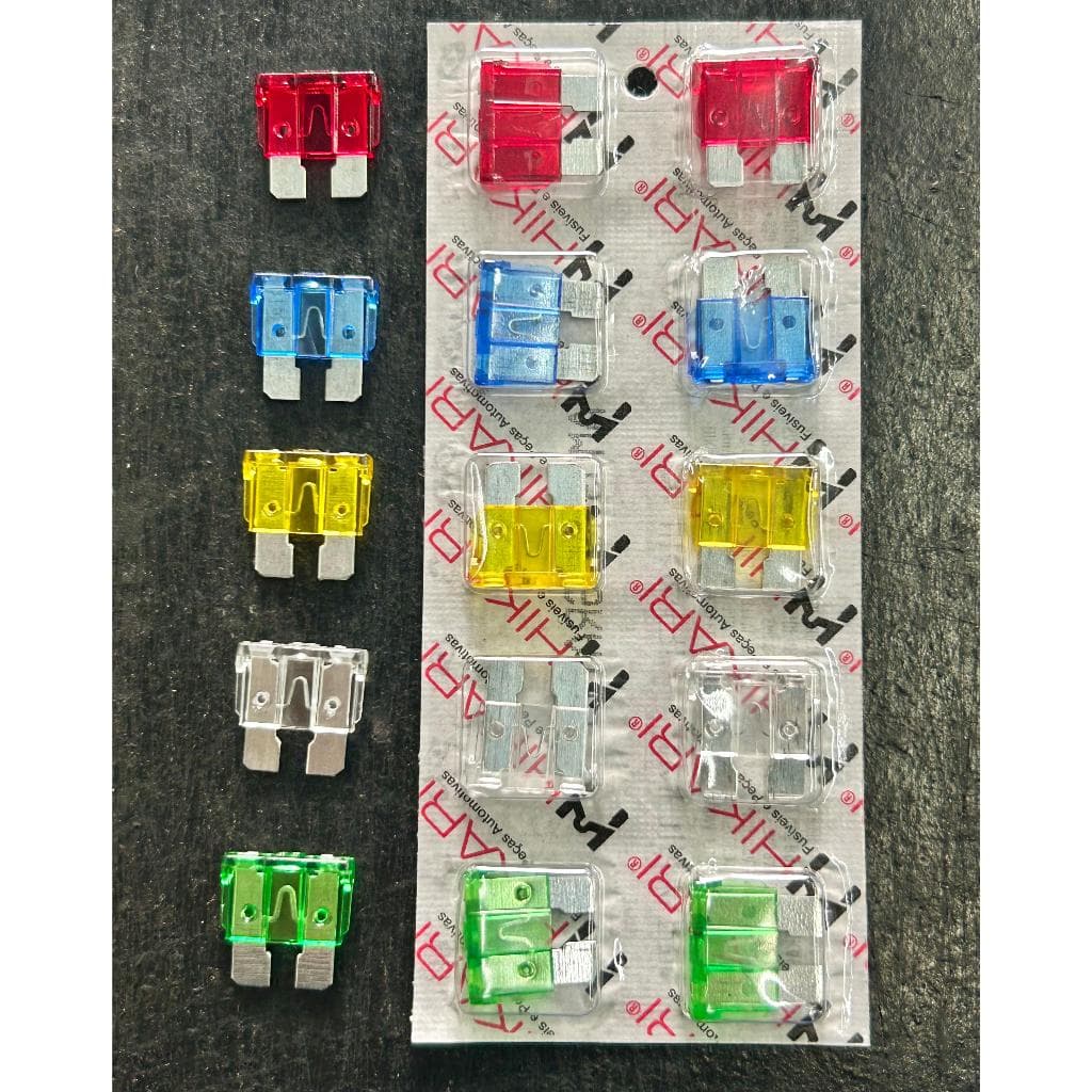 Cartela kit De Fusíveis Automotivos Mesclado 10 Unid Hikari Original 10Ah, 15Ah, 20Ah, 25Ah, 30Ah