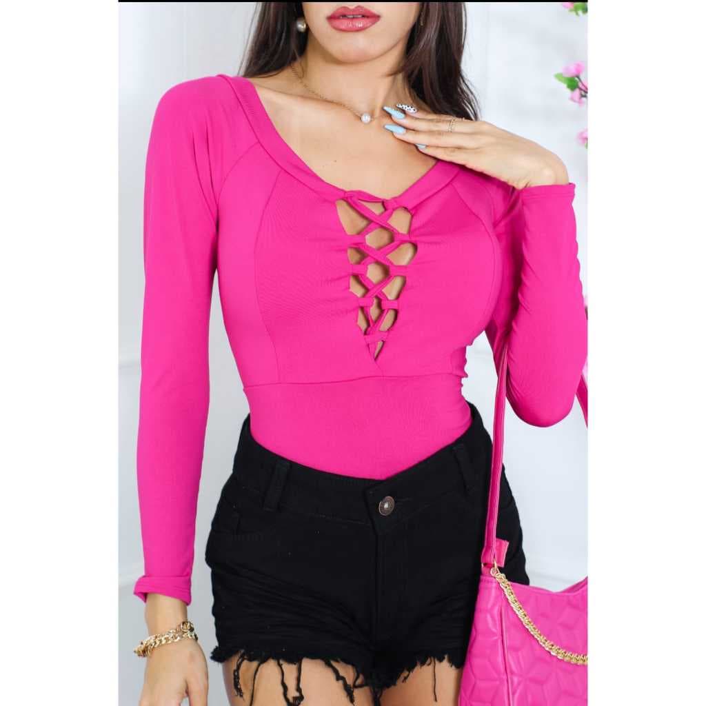 Body femenino com decote frontal, body teresa manga longa