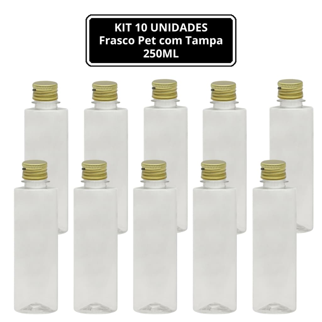 10 UNIDADES - FRASCO PET TRANSPARENTE (250ml) RETO ALTO com TAMPA ALUMINIO DOURADA -