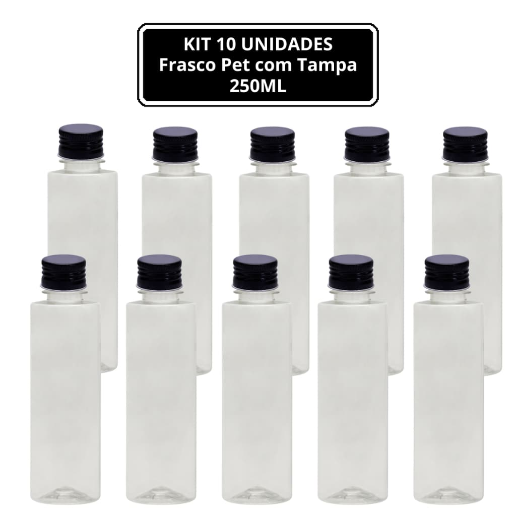 10 UNIDADES - FRASCO PET TRANSPARENTE (250ml) RETO ALTO com TAMPA ALUMINIO PRETA -