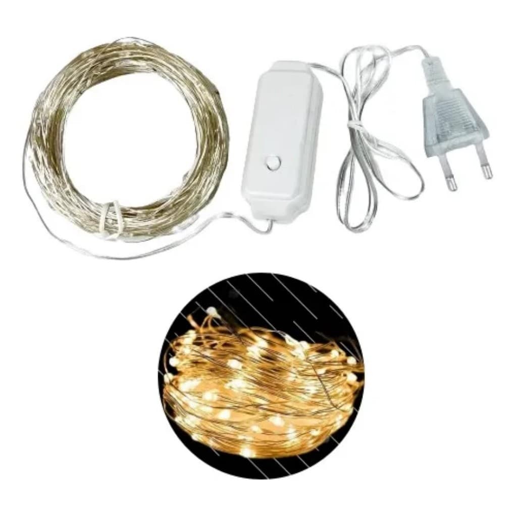 Fio Fada Cordão Led Luz Natal 10m 100 Leds Tomada 8 Funções Decoração Festa Casamento