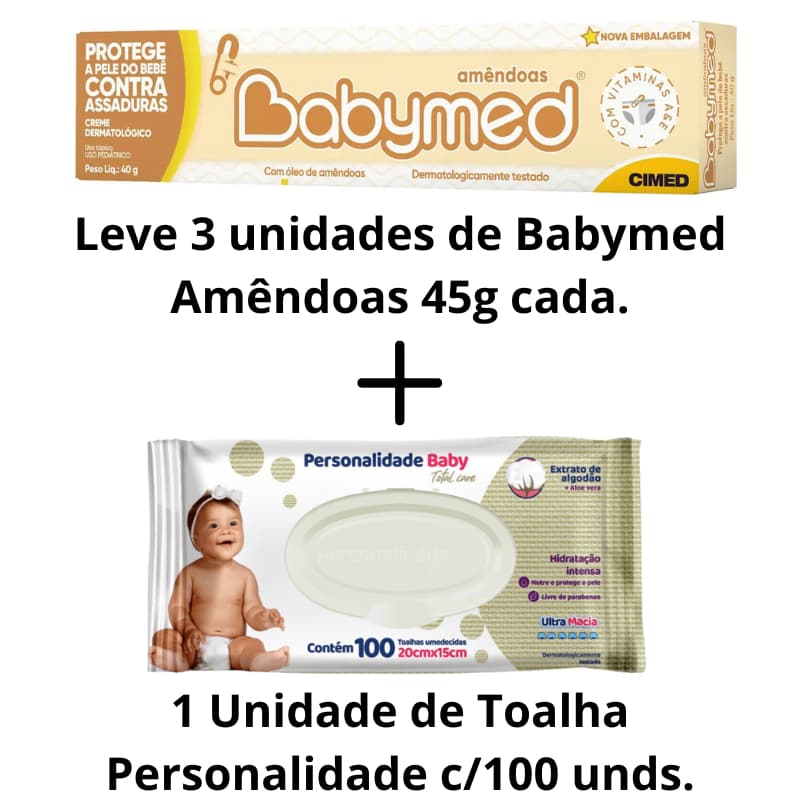Pomada de Assadura Babymed Amêmdoas 45g kit 3 unds mais Toalha umedecida c/100