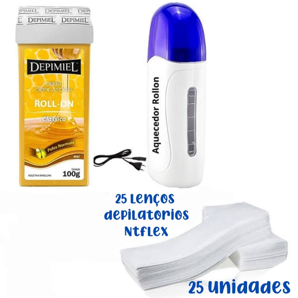 KIT Aparelho Aquecedor De Cera Quente Roll On + Refil De Cera Rolon + Papel 25 unidades