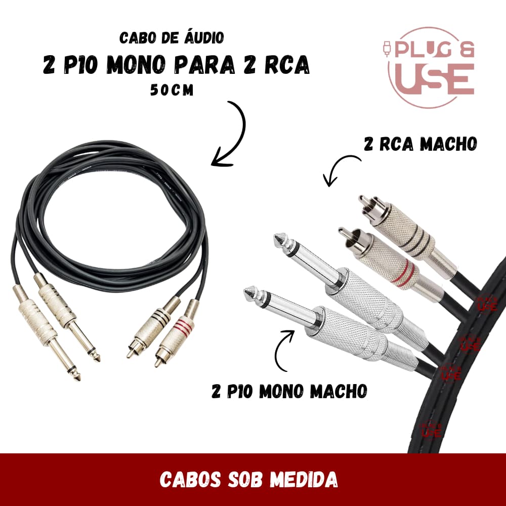 Cabo 2 P10 Mono X 2 Rca 50CM Excelente Qualidade Metal