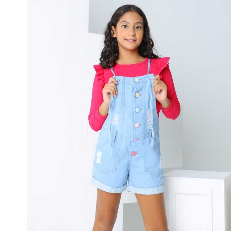 Jardineira Jeans Destroer  Feminina Infantil e Juvenil 4 ao 16