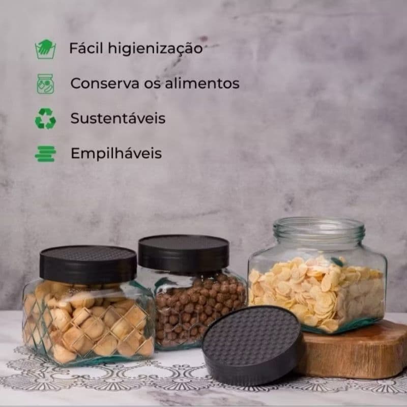 Kit Pote de Vidro Diamante 1 Litro com Tampa Quadrado Em Cores