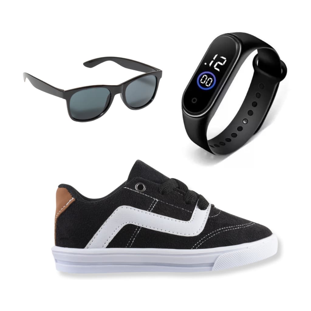 Kit Tênis Óculos e Relógio Menino Estilo e conforto para Eventos Casuais e Escolar