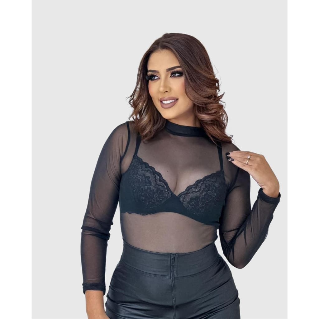 Blusa Tule Manga Longa Transparente Gola Redonda Segunda Pele