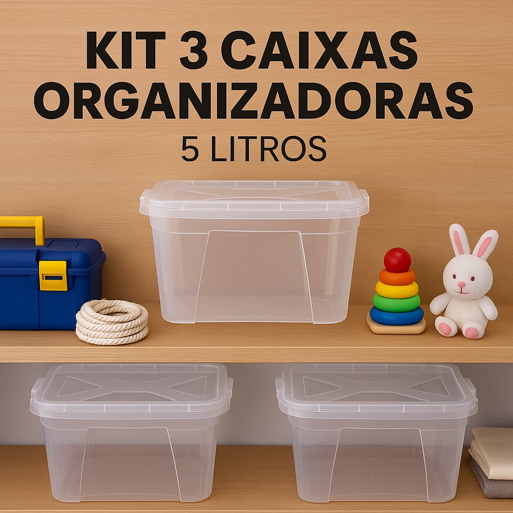 Kit 3 Caixa Organizadora 5 Litros Tampa Trava Resistente Brinquedo Ferramenta Trabalho Escritório