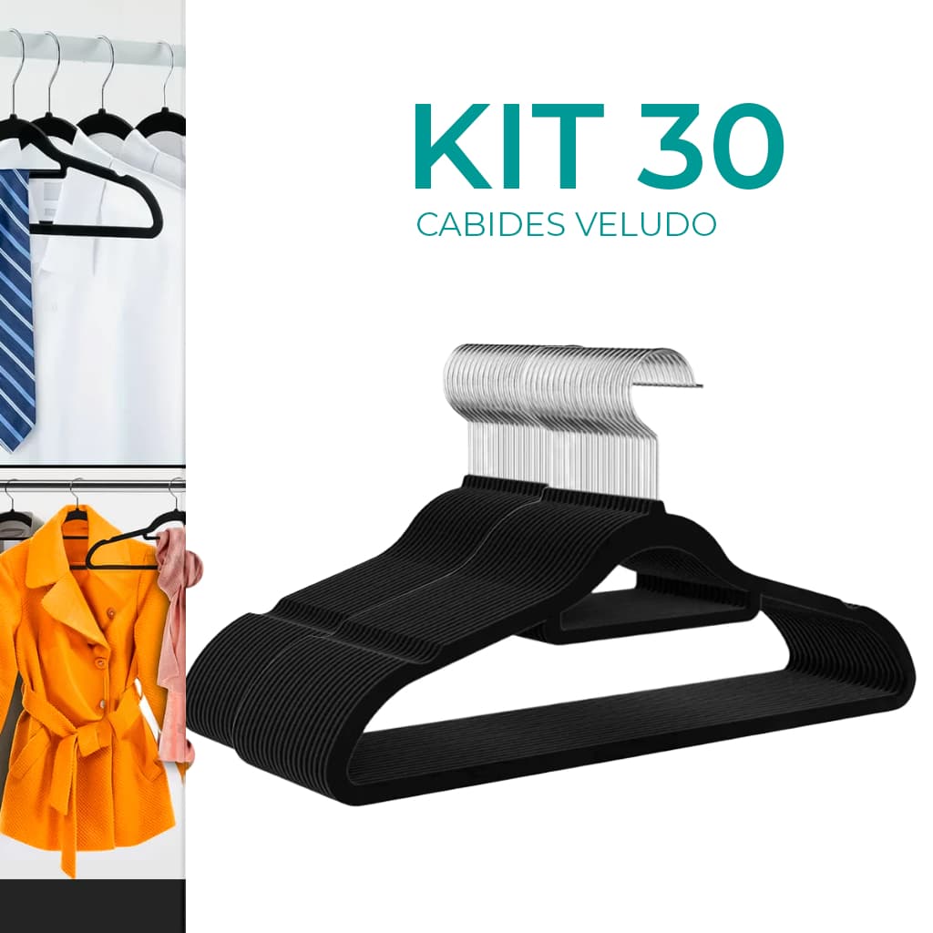 Kit Cabides Veludo Para Roupas Adulto 30 Unidades Fino Resistente Cor Preto