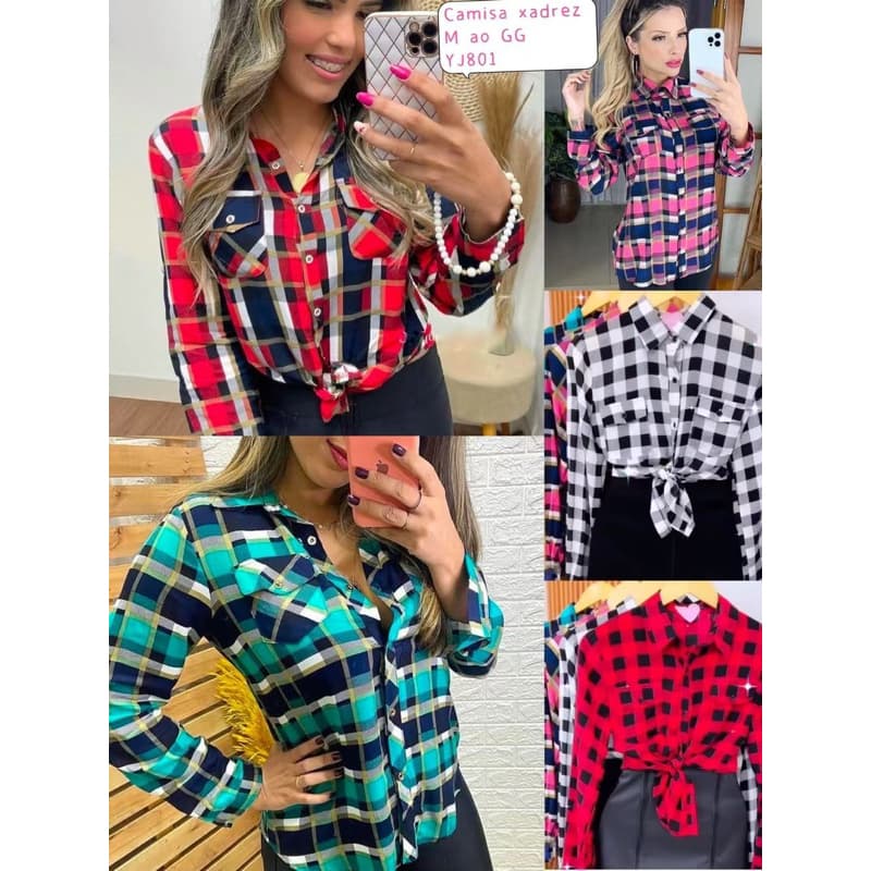 CAMISA XADREZ FEMININA EM VISCOSE BLUSA COM BOLSO Yj801