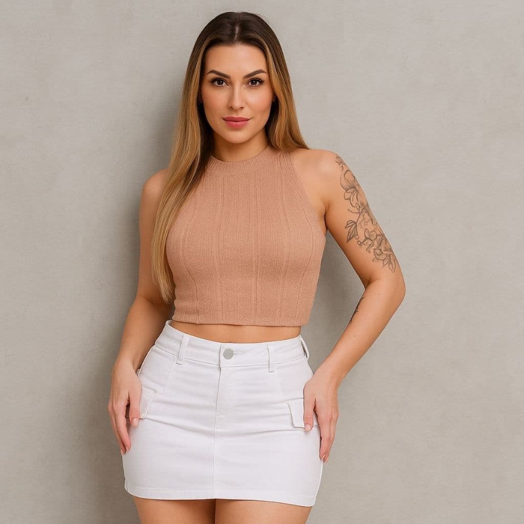 Saía Cargo Jeans Feminina com Bolsos Laterais Curta Envio Imediato