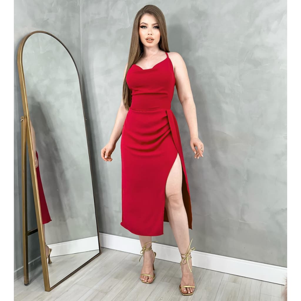 Vestido Midi Feminino Duna Fenda Lateral, Costas Aberta Elegante Festa e Sensual