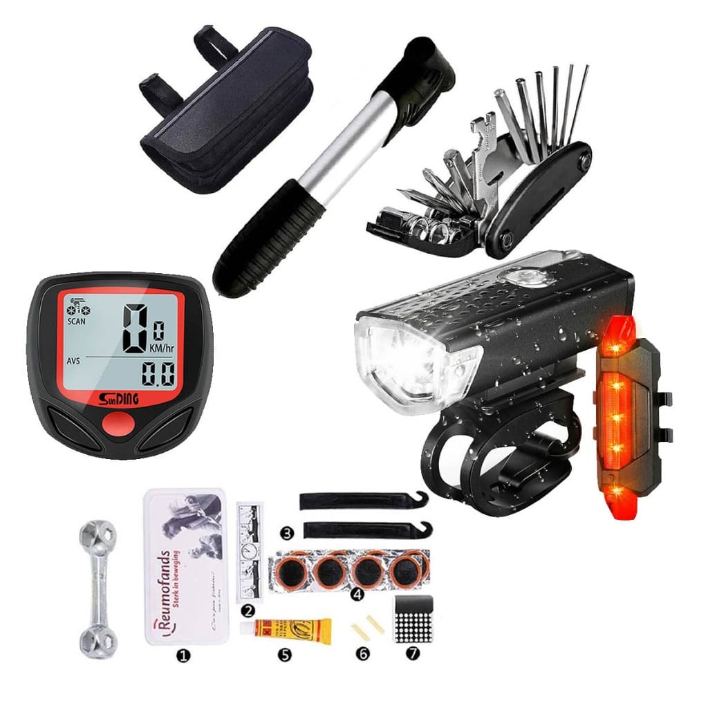 Kit Farol Com Sinalizador Bike Velocímetro e Bolsa Com Remendo Bomba de Ar Bicicleta Ciclismo