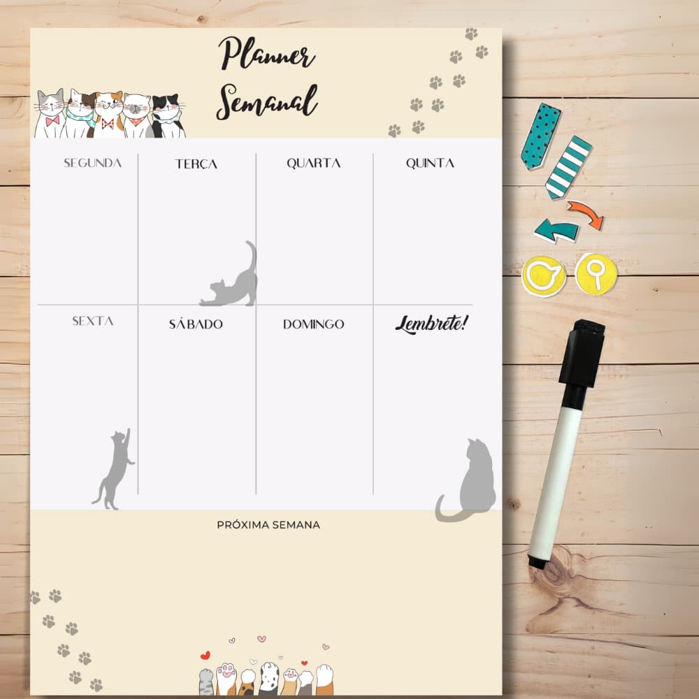 Planner Semanal Magnético Gatinhos com Caneta com Apagador e marcadores com imã - Planejador de Rotina de Gatinhos
