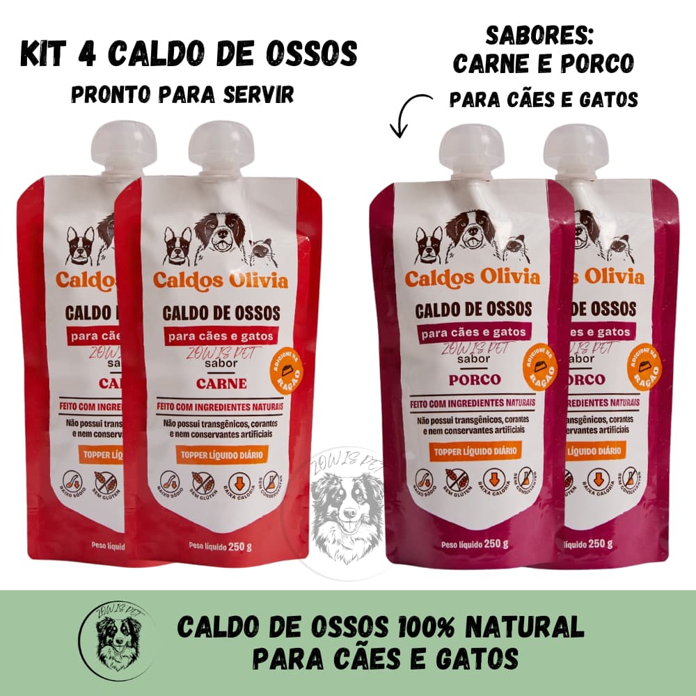 Kit 4 Caldo De Ossos Liquido de Carne Bovino e Porco Suíno Para Cães e Gatos 250g - Caldos Olivia