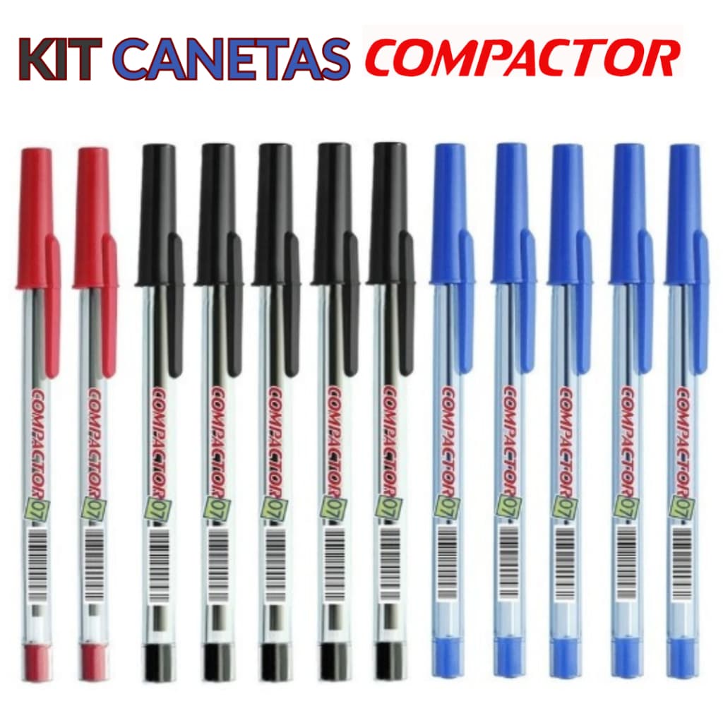 Kit Canetas Compactor 0.7 Ponta Fina - Azul, Preta, Vermelha - Kits 20,18,12,10 Canetas Ponta Fina