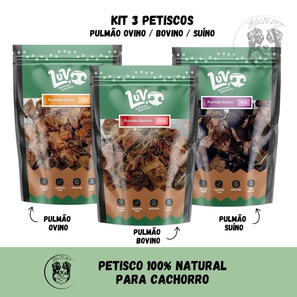 Kit 3 Petiscos Naturais Pulmão Suíno Bovino Ovino Desidratado 100g Cães e Gatos -  Luv Petiscos