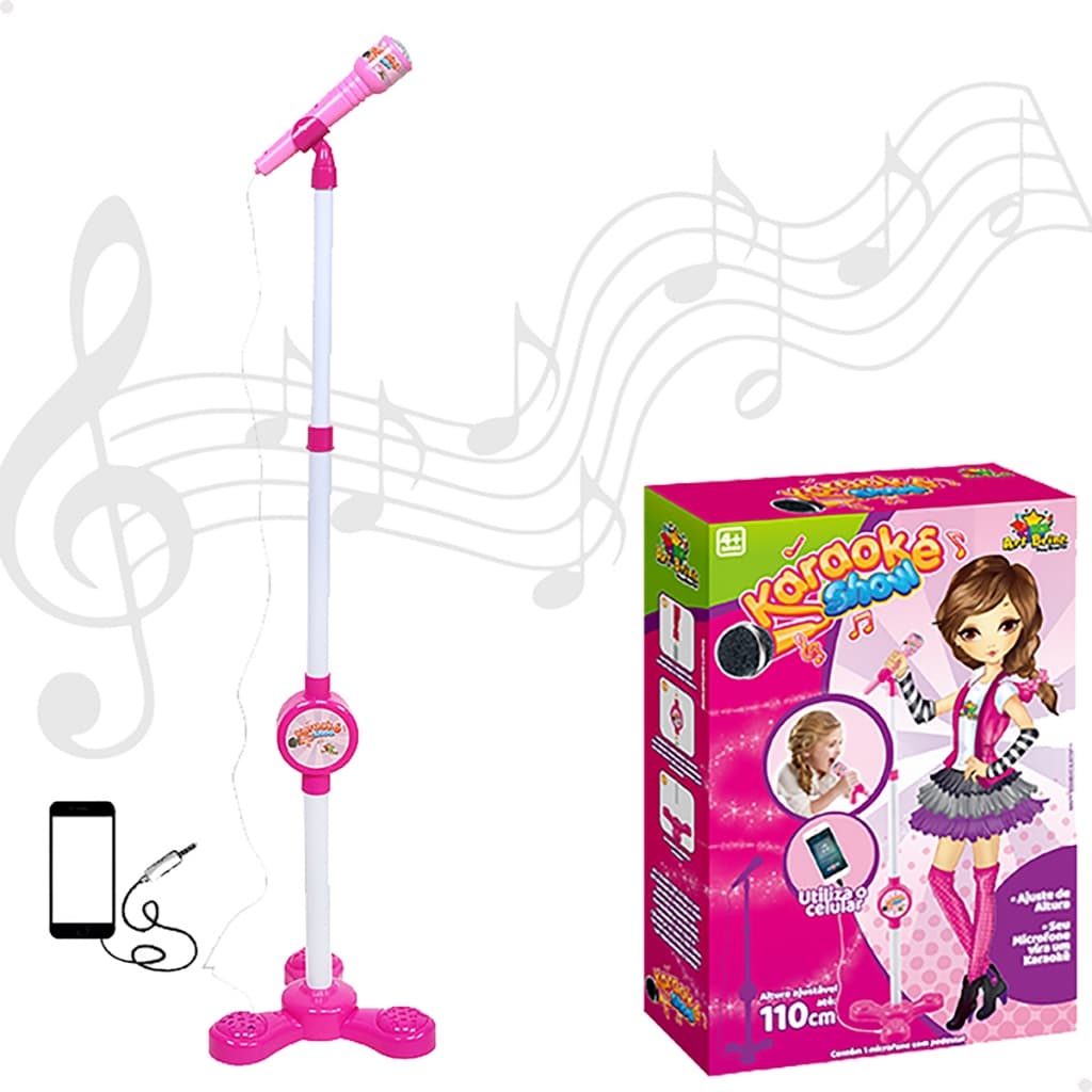 Microfone Karaokê Com Pedestal e Luzes Menina Conecta No Celular Brinquedo Show