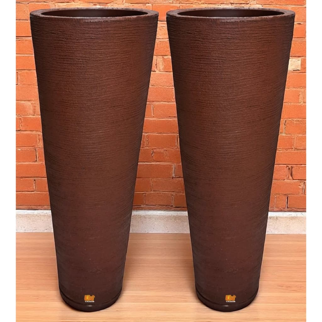 Kit 2 Vasos Grandes Para Plantas Cone Ibiza Escovada Com Pratos Decorativo Luxo Polietileno (25X72)