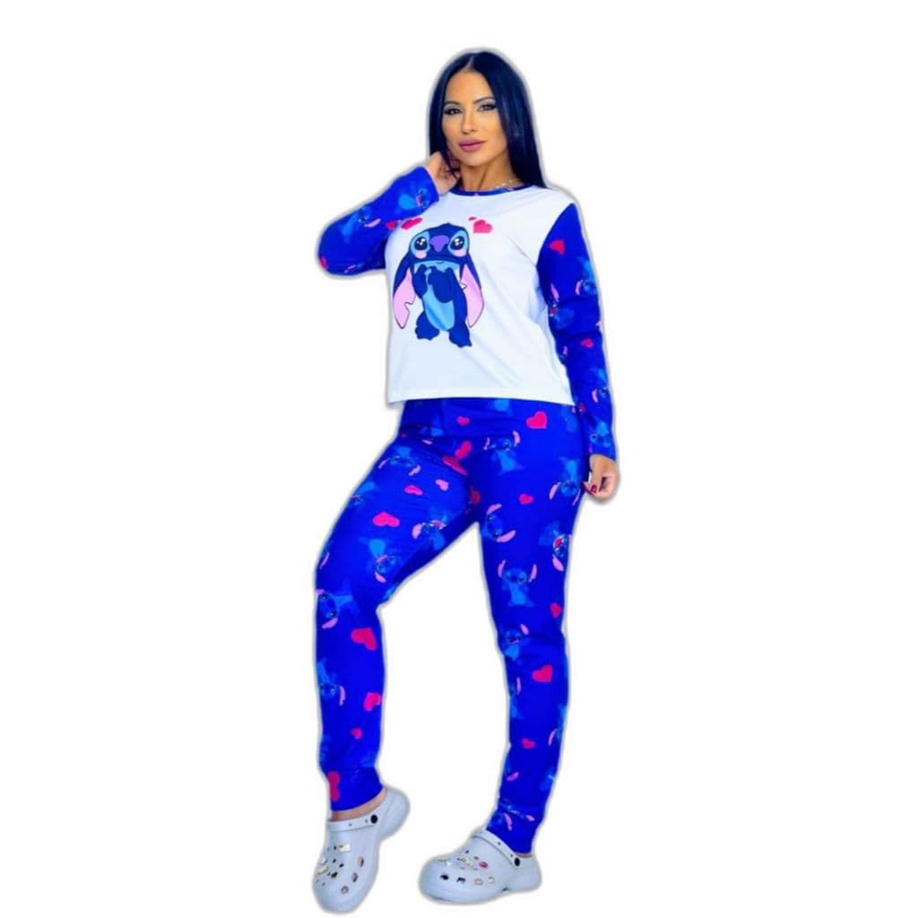 Conjunto Pijama Feminino de Inverno Calça Longa Luxo Inverno Personagens Lilo Stitch