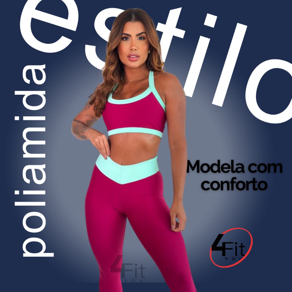 Conjunto Calça Legging Fitness Cintura Alta Top sem bojo Poliamida Conjunto Academia